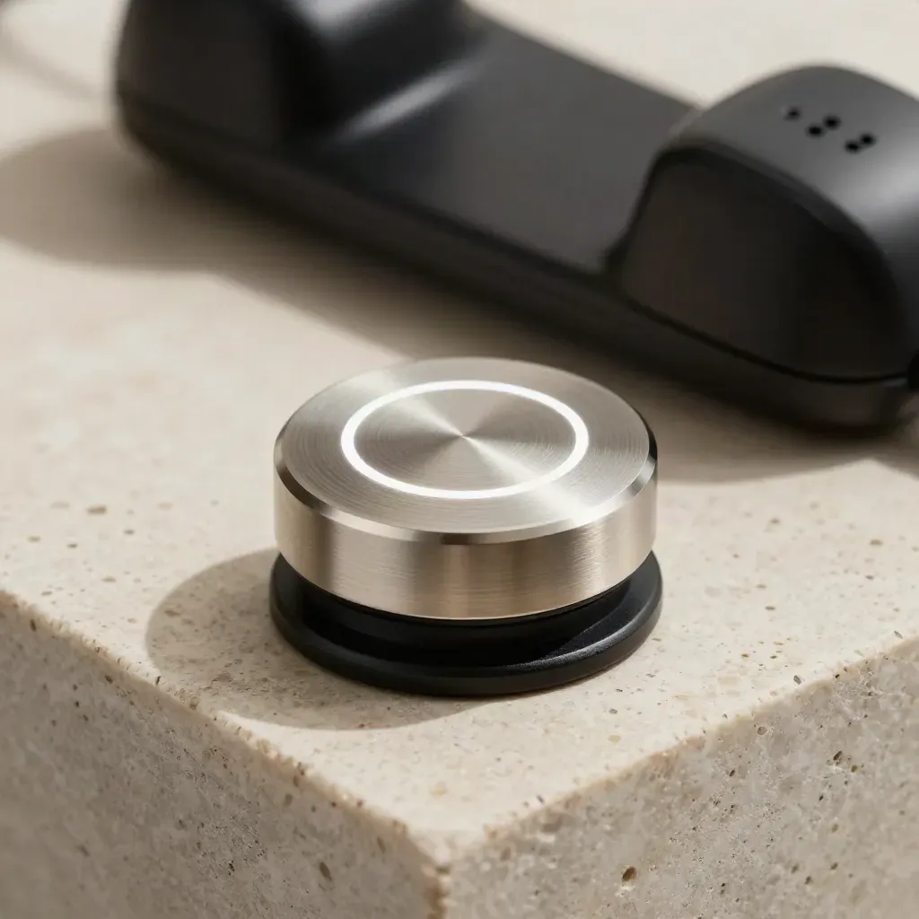 Pulsante metallico chiama ora con anello luminoso accanto a dock telefono su pietra travertino.
