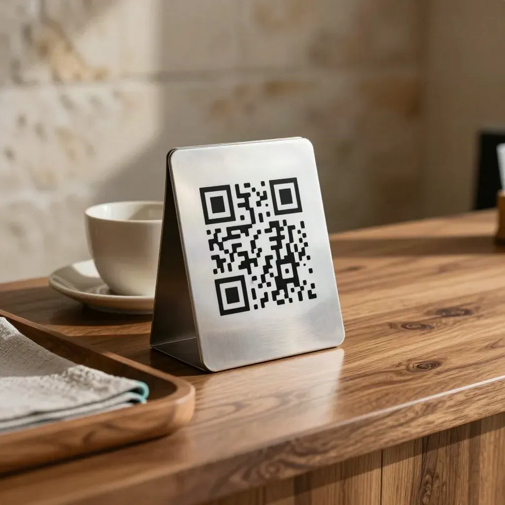 Tessera QR da banco in metallo spazzolato su vassoio di legno con tazza in ceramica.