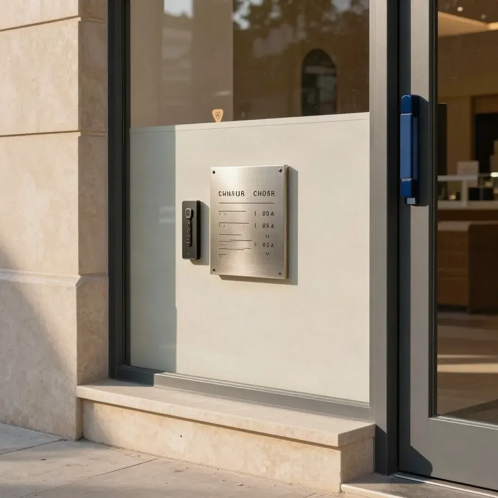 Ingresso moderno con targa orari, badge telefono e segnaposto mappa su soglia in pietra.