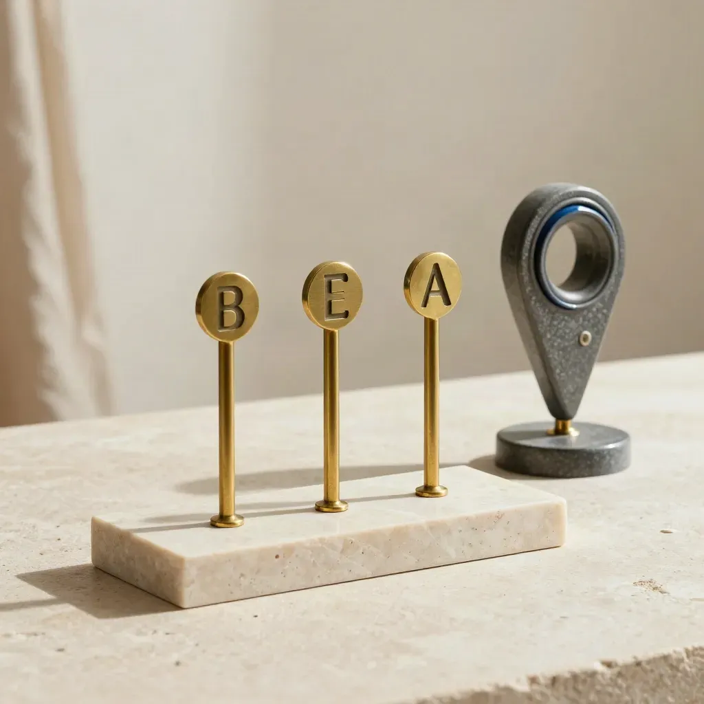 Tre marker in ottone e un blocco directory su pietra chiara, luce calda da finestra.
