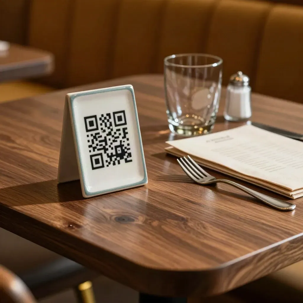 Tavolo di ristorante con tent QR, bicchiere in ceramica e menù piegato.