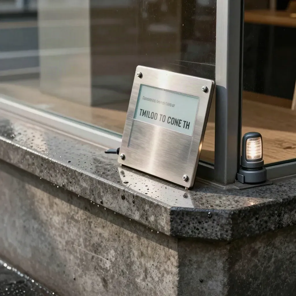 Ledge urbano con placard contatti, supporto telefono e luce beacon sotto la pioggia