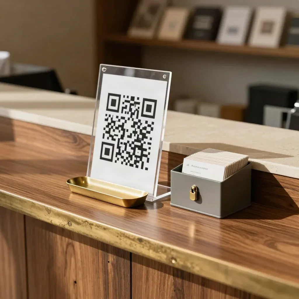 Angolo cassa boutique con supporto QR, vaschetta e box richieste in legno e ottone.