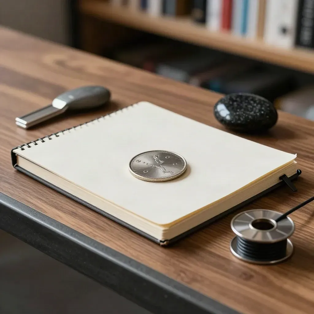 Notebook chiuso, token di mappa, ciottolo nero e bobina cavi su banco scuro