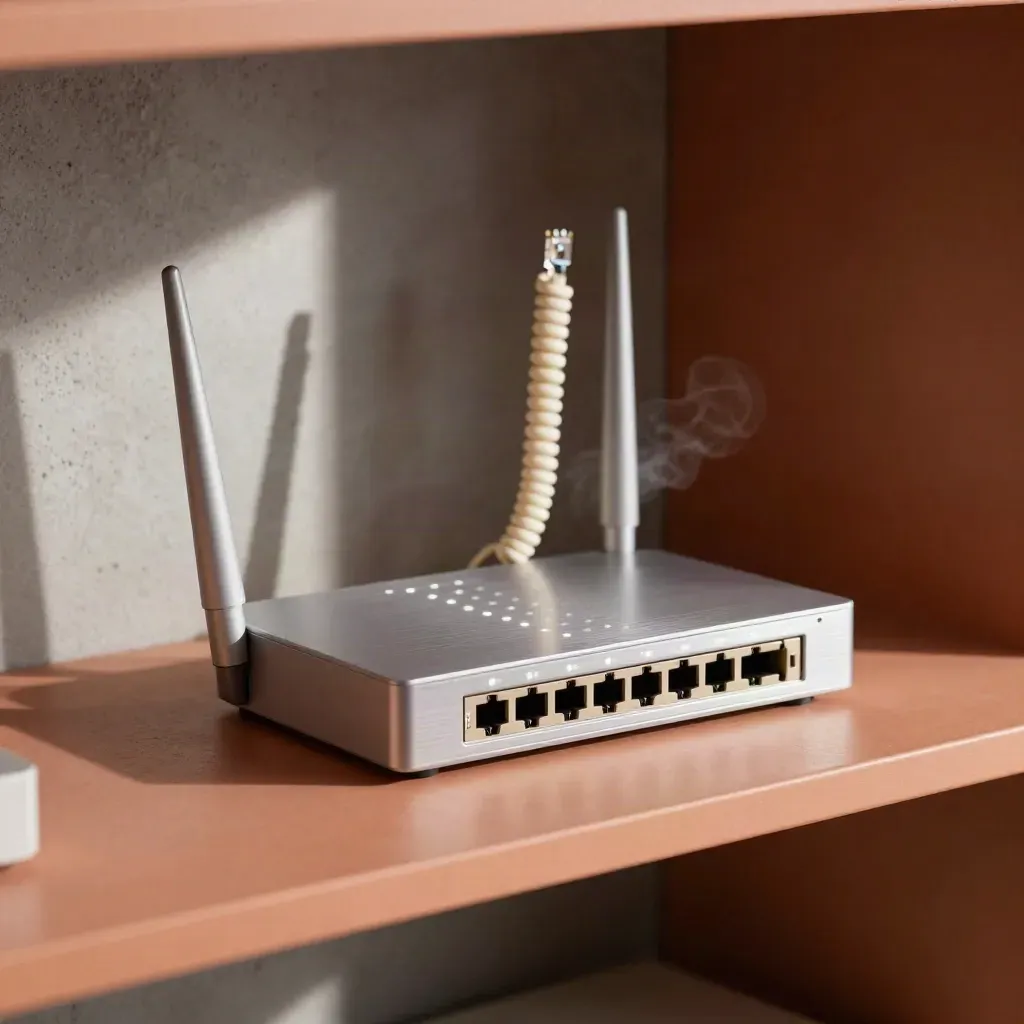 Router compatto e cavo Ethernet su vassoio metallico, luci LED pronte in un angolo tecnico.