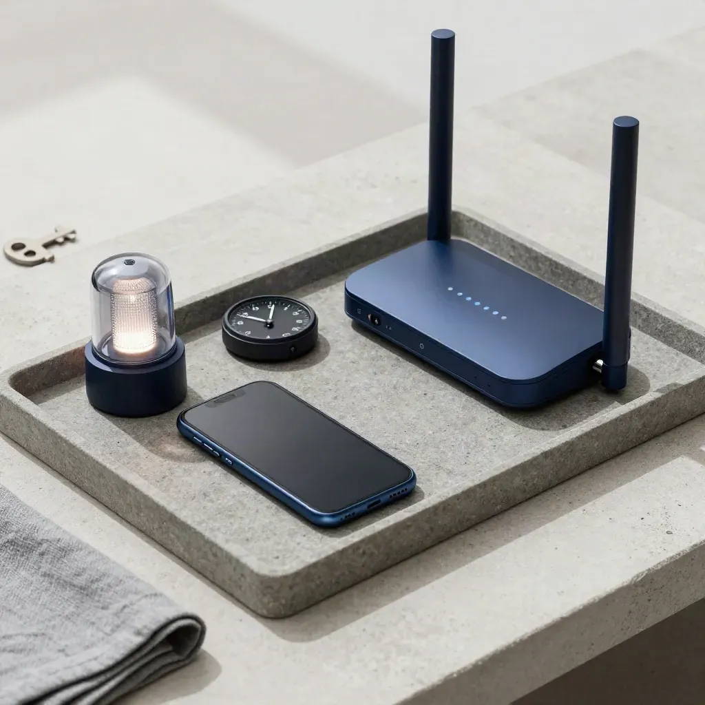 Beacon, manopola contatore, smartphone e router su vassoio di pietra, luce laterale soffusa.