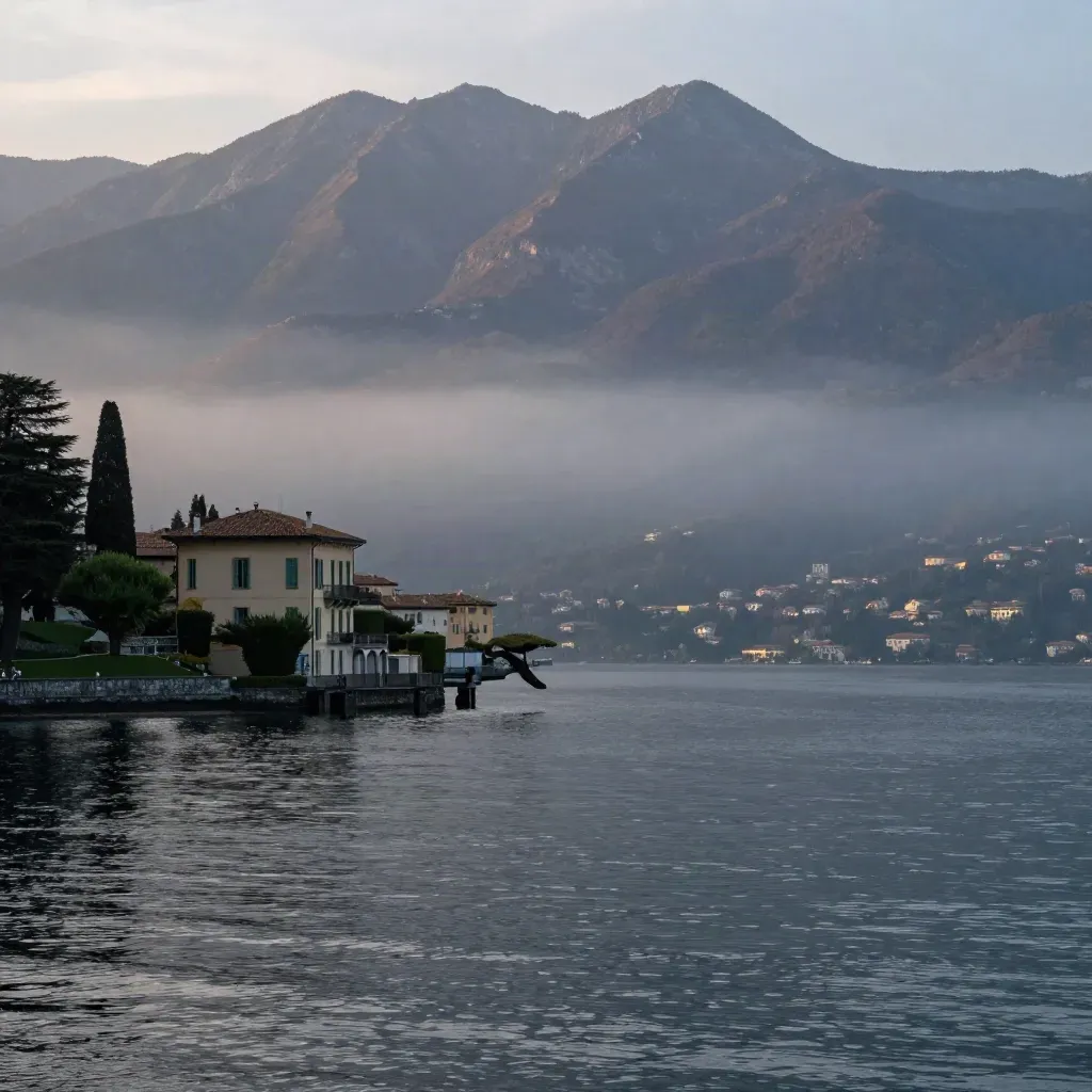 Vista del Lago di Como all’alba blu, ville e montagne avvolte nella nebbia sul lago calmo