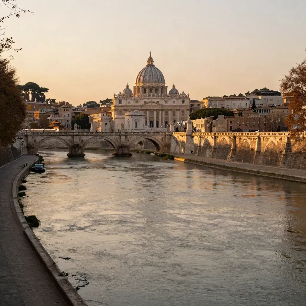 Il Tevere e lo skyline di Roma al tramonto, con cupole alte e riva calma per il testo.