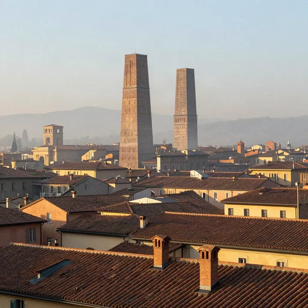 Tetti in cotto di Bologna e le Due Torri nella foschia dorata del pomeriggio